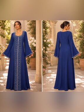 Embroidered Royal Blue Maxi Dress with Bell Sleeves